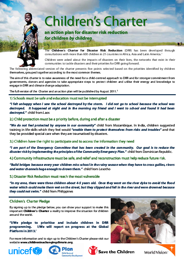 Children’s Charter an action plan for disaster risk reduction for