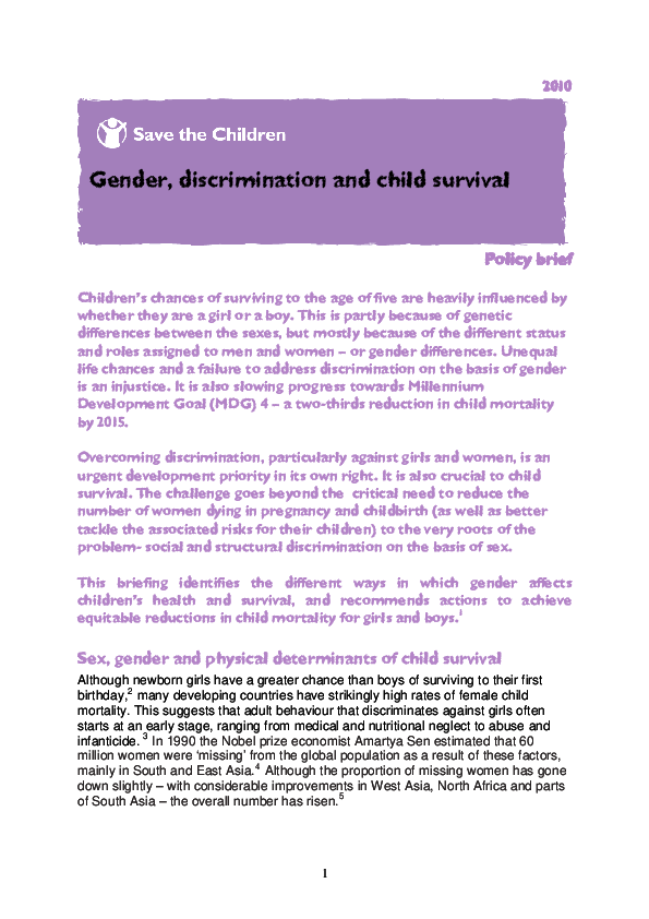 Policy Brief Gender, Discrimination and Child Survival Save the