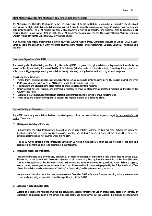 Monitoring & Reporting Mechanism (MRM) On Grave Child Rights Violations ...