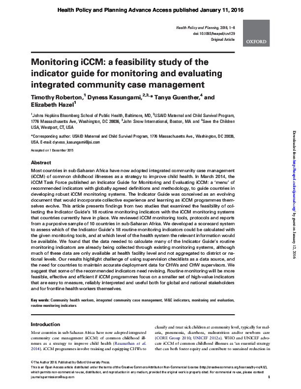 Monitoring iCCM A feasibility study of the indicator guide for