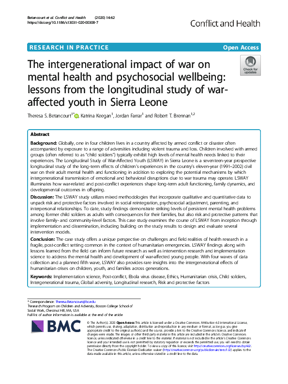 The Intergenerational Impact of War on Mental Health and Psychosocial ...