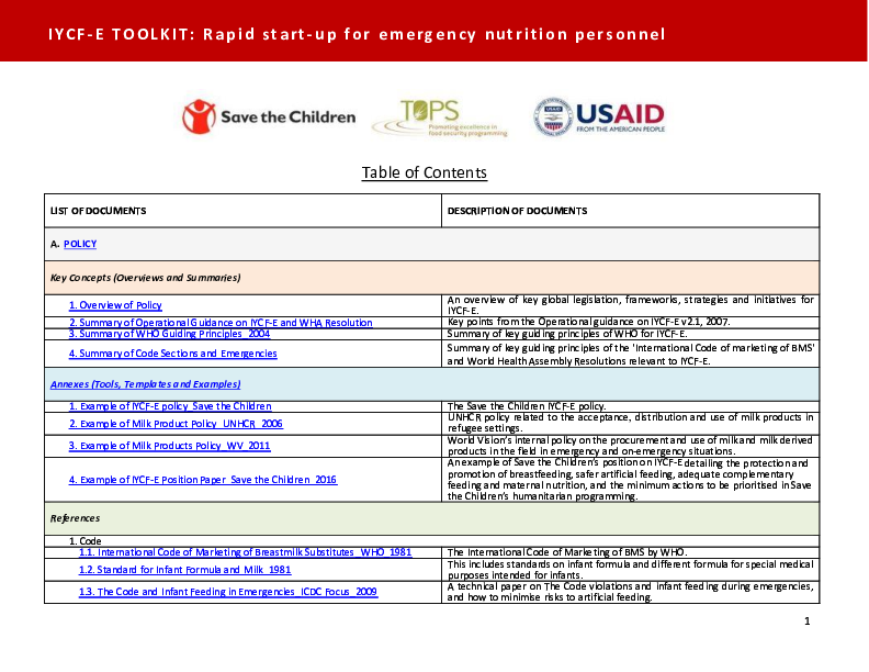 IYCF-E Table of Contents | Save the Children’s Resource Centre