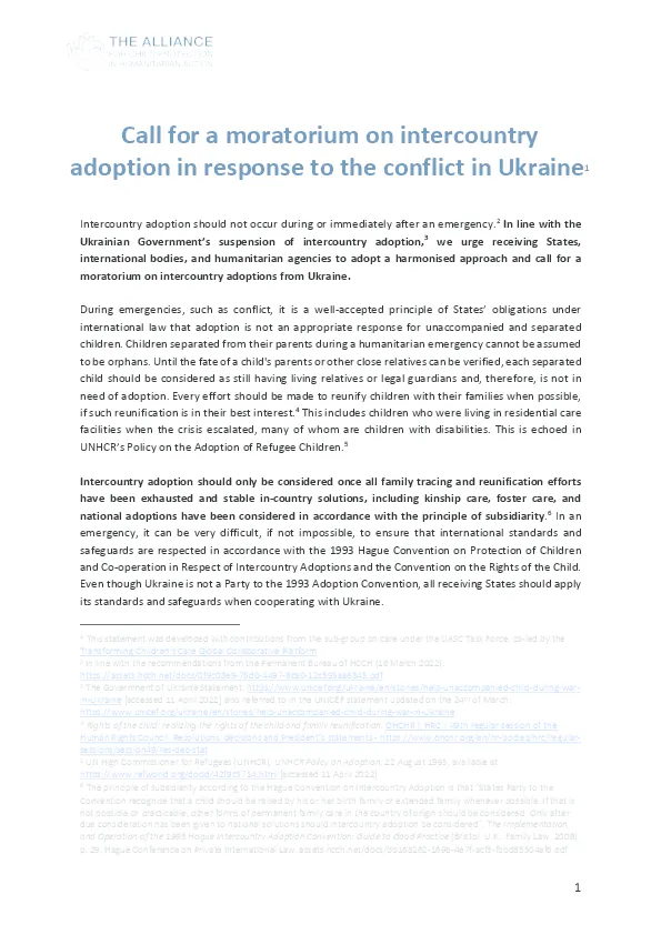 Call for a Moratorium on Intercountry Adoption in Response to the Conflict in Ukraine