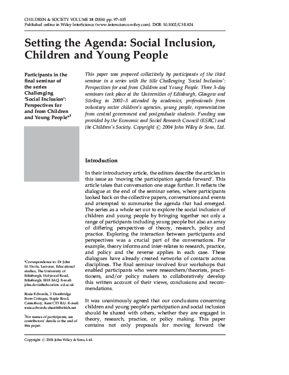 Children & Society, Setting the Agenda, Social Inclusion, 2004.pdf