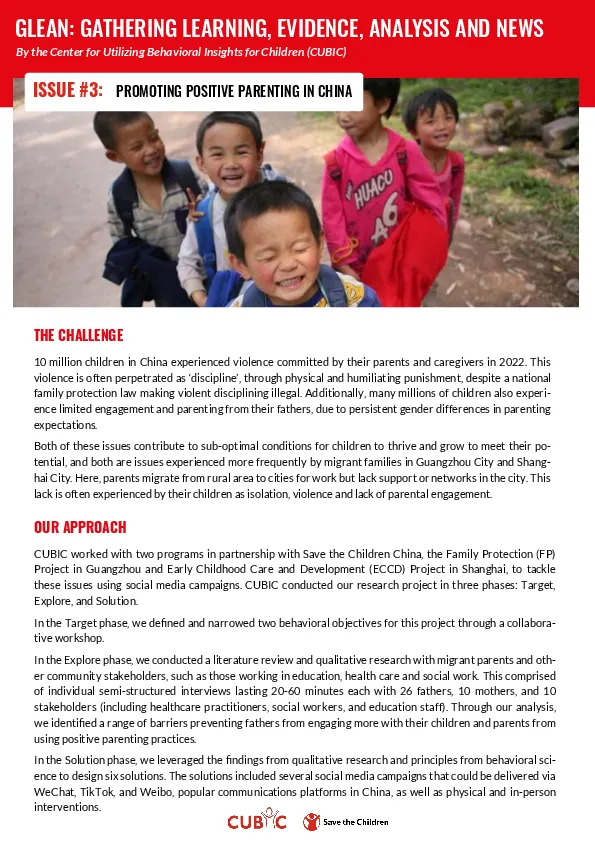 GLEAN: Gathering Learning, Evidence, Analysis and News: Issue 3: Promoting Positive Parenting in China