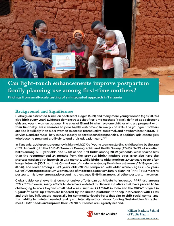 Can Light-touch Enhancements Improve Postpartum Family Planning Use Among First-time Mothers: Findings from small-scale testing of an integrated approach in Tanzania