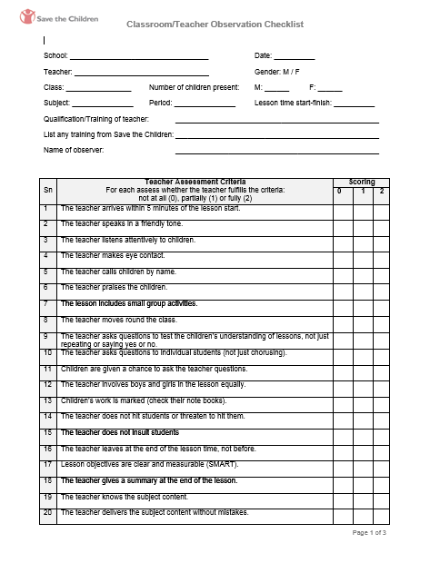 EiE Classroom/Teacher Observation Checklist | Save the Children’s ...