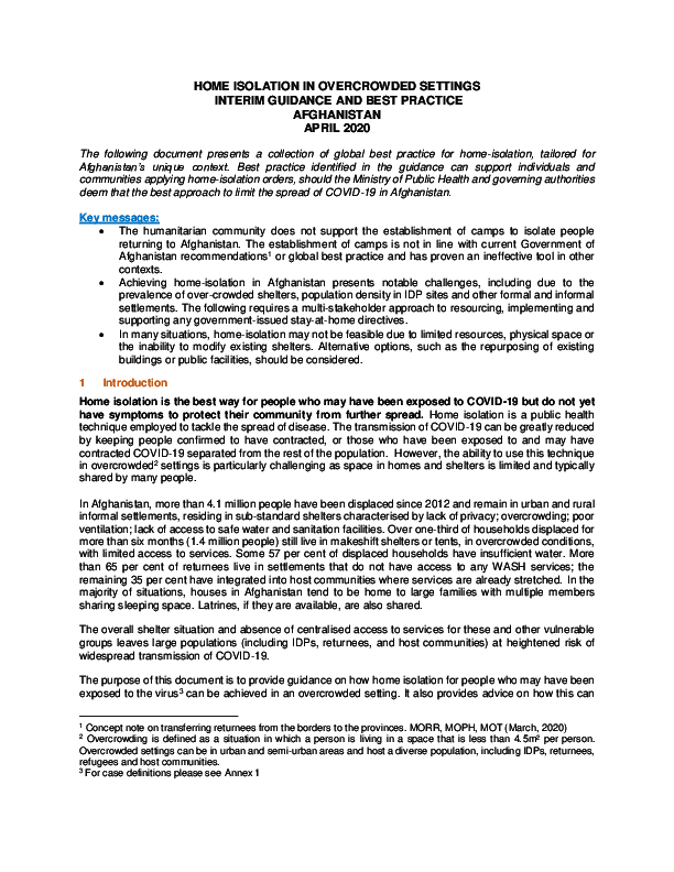 Home Isolation in Overcrowded Settings Interim Guidance and Best