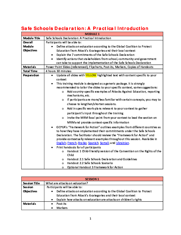 Handout 2.1 Safe Schools Declaration and Guidelines Save the