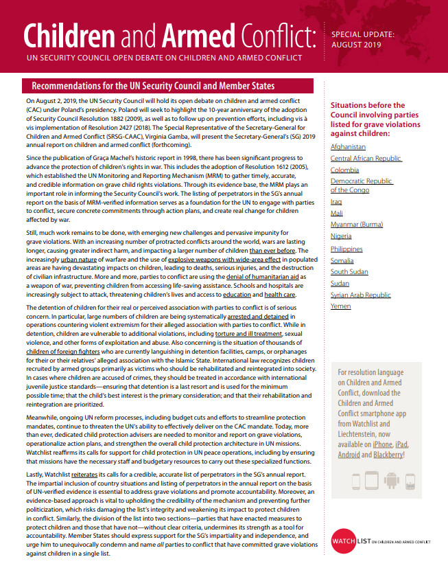 Children and Armed Conflict Special Update: August 2019 | Save the ...